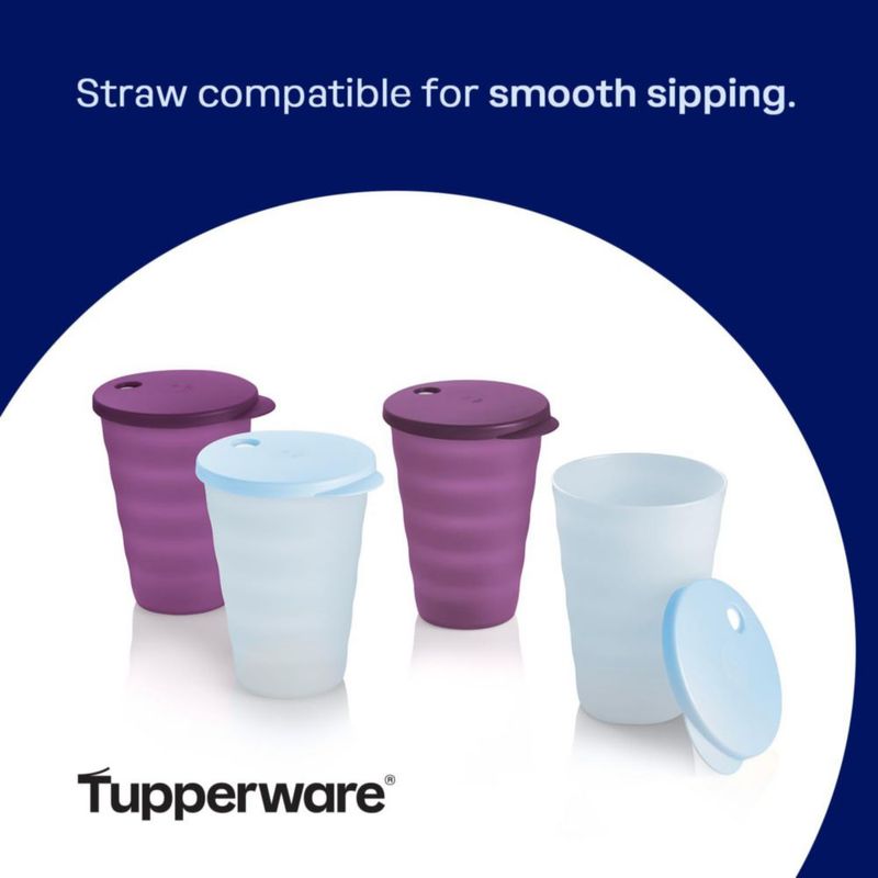 Juego de 4 vasos Tupperware de 500 ml con tapa a prueba de derrames azul y morado