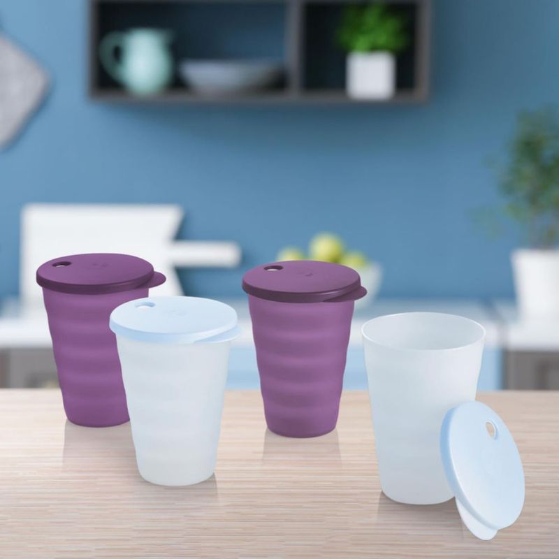 Juego de 4 vasos Tupperware de 500 ml con tapa a prueba de derrames azul y morado