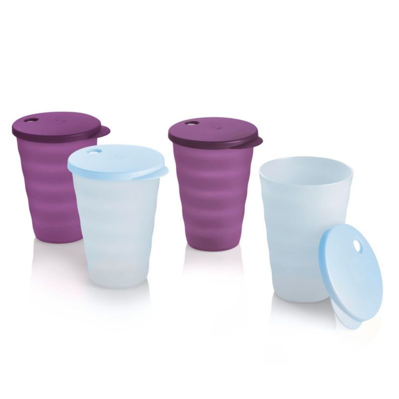 Juego de 4 vasos Tupperware de 500 ml con tapa a prueba de derrames azul y morado