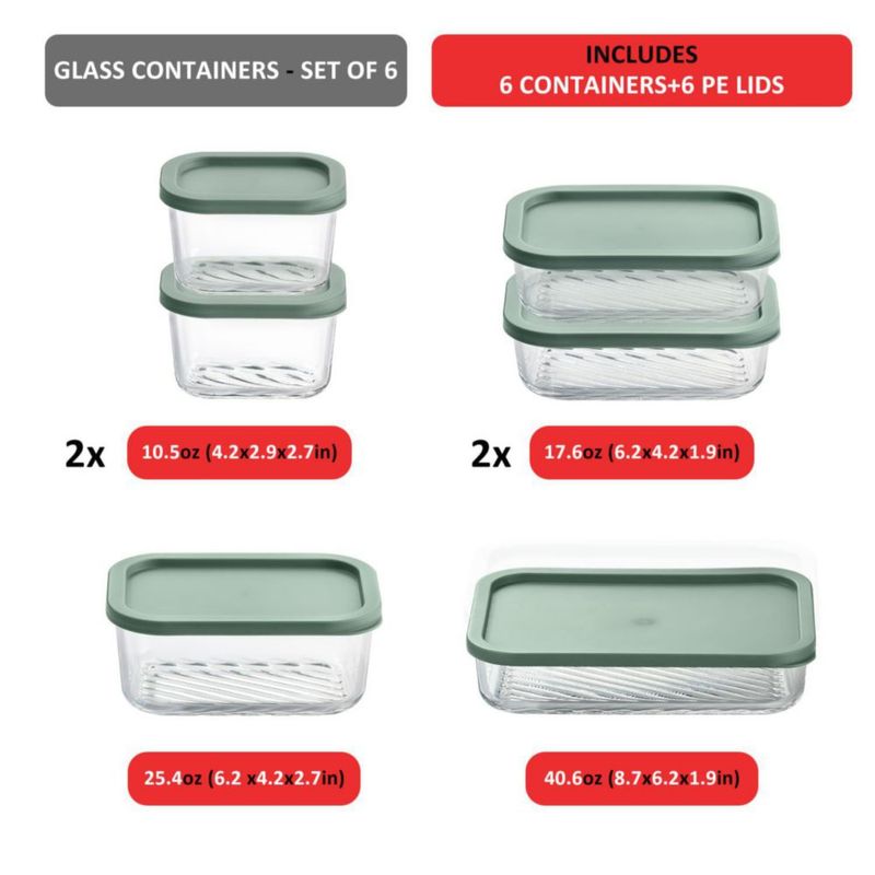 Almacenamiento de alimentos EATEX juego de 6 envases de vidrio color salvia aptos para microondas