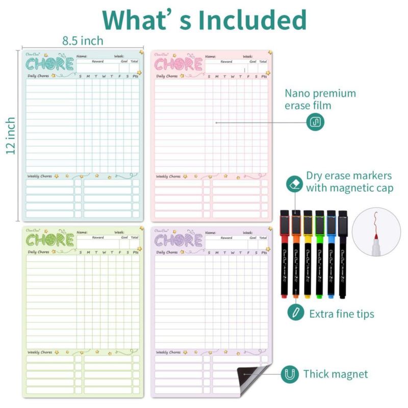 Calendario de tareas Clever Clean 216 × 305 cm paquete de 4 con marcadores