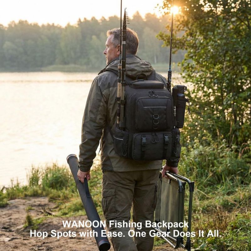 Mochila de pesca WANOON 45 L con portacañas