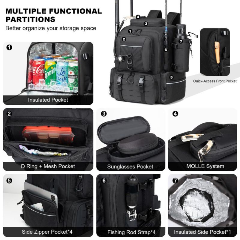 Mochila de pesca WANOON 45 L con portacañas
