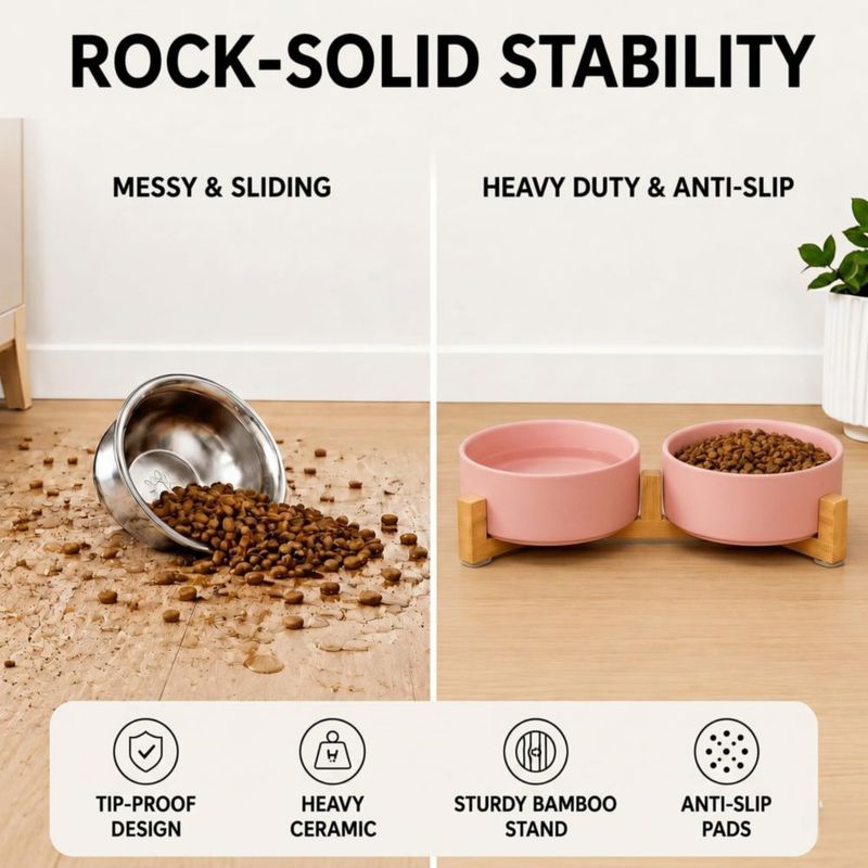 Set de cuencos para mascotas SPUNKYJUNKY 400 ml de cerámica con base de madera