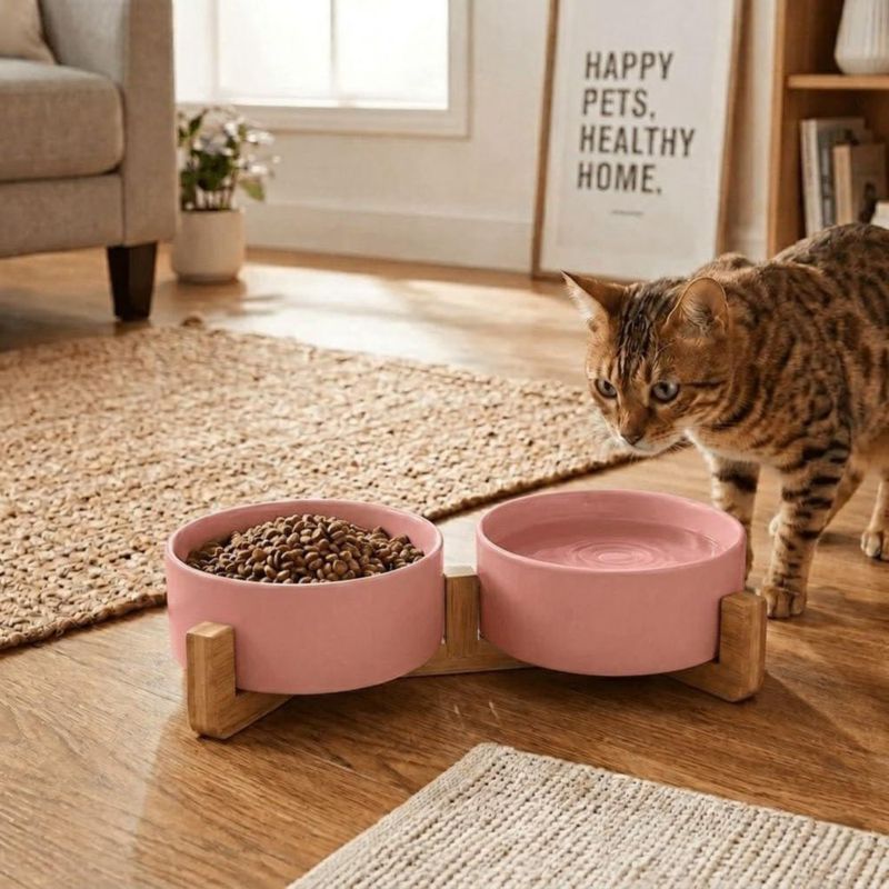 Set de cuencos para mascotas SPUNKYJUNKY 400 ml de cerámica con base de madera