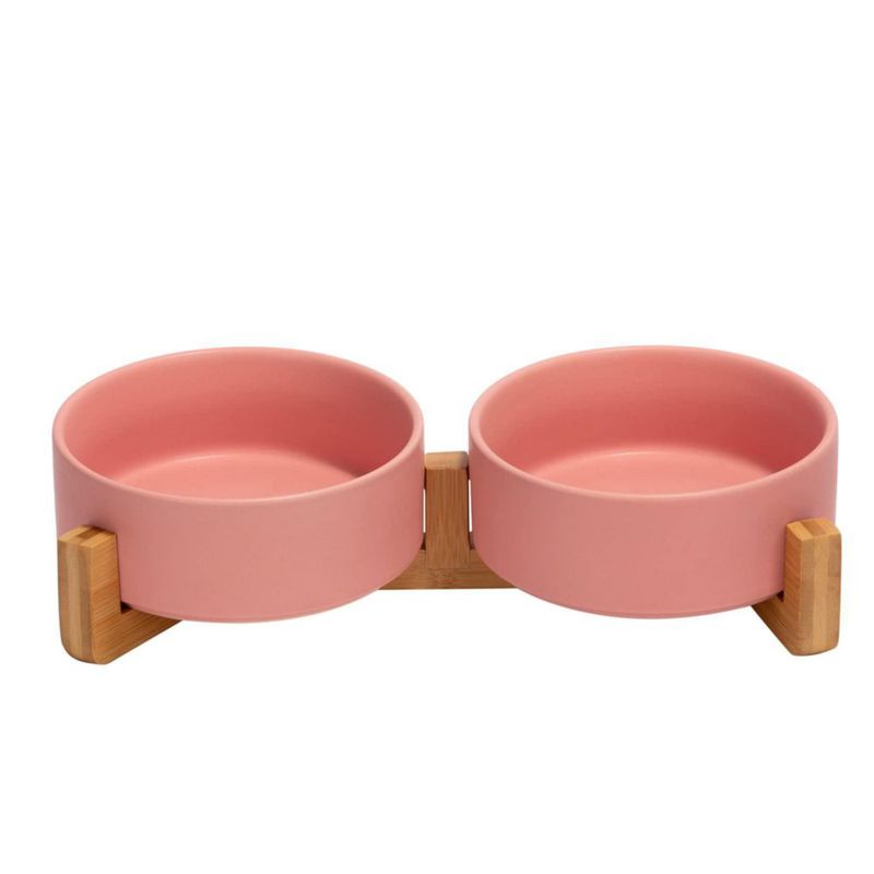 Set de cuencos para mascotas SPUNKYJUNKY 400 ml de cerámica con base de madera