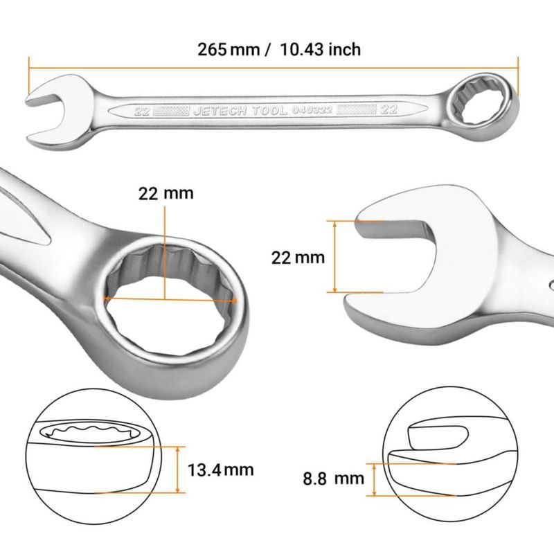 Llave combinada Jetech 22 mm 12‑puntos acero cromo‑vanadio