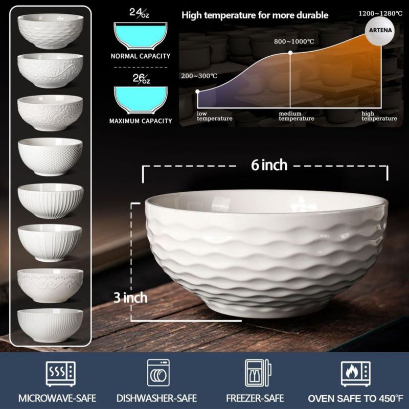 Tazones para cereal Artena 26 oz (740 ml) 6 piezas blanco con relieve