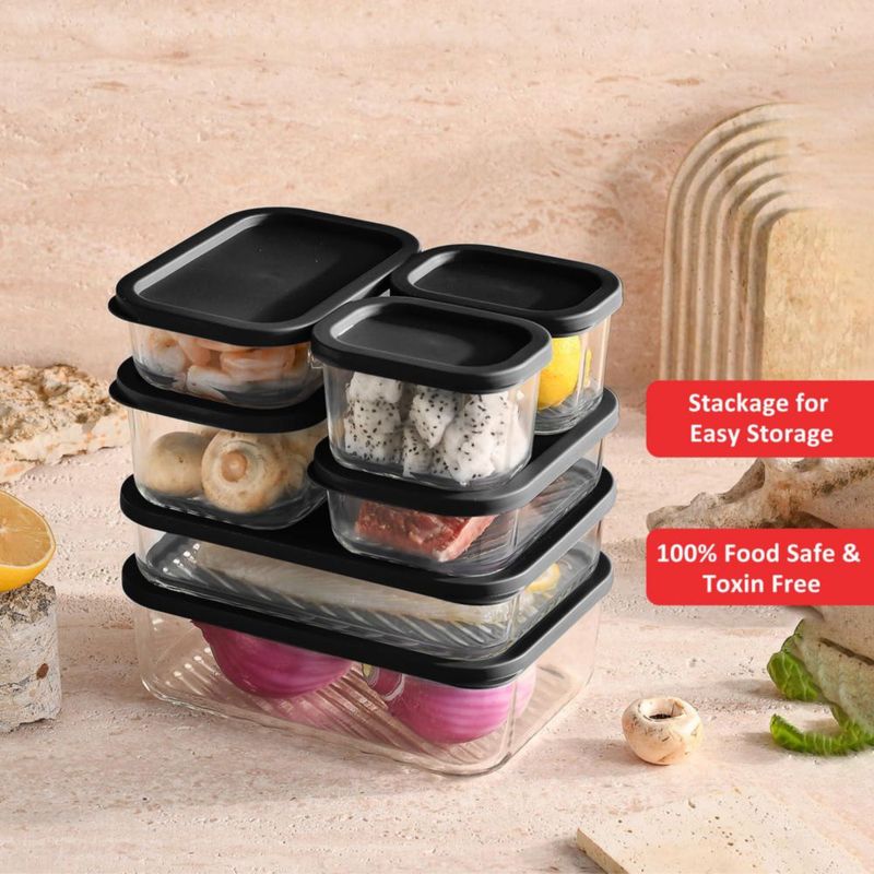 Juego de 14 recipientes de vidrio negro para almacenamiento de alimentos EATEX