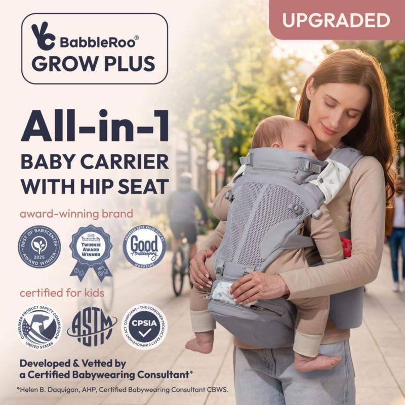 Portabebés BabbleRoo 7‑50 lb (3‑23 kg) con Asiento de Cadera y Almacenamiento