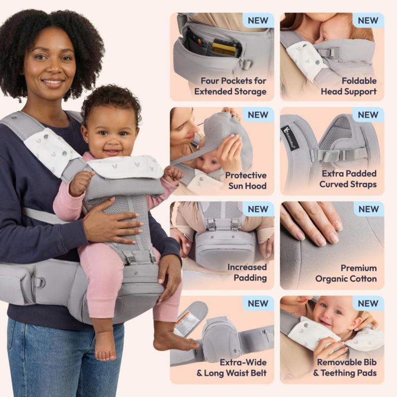Portabebés BabbleRoo 7‑50 lb (3‑23 kg) con Asiento de Cadera y Almacenamiento