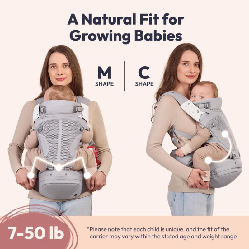 Portabebés BabbleRoo 7‑50 lb (3‑23 kg) con Asiento de Cadera y Almacenamiento