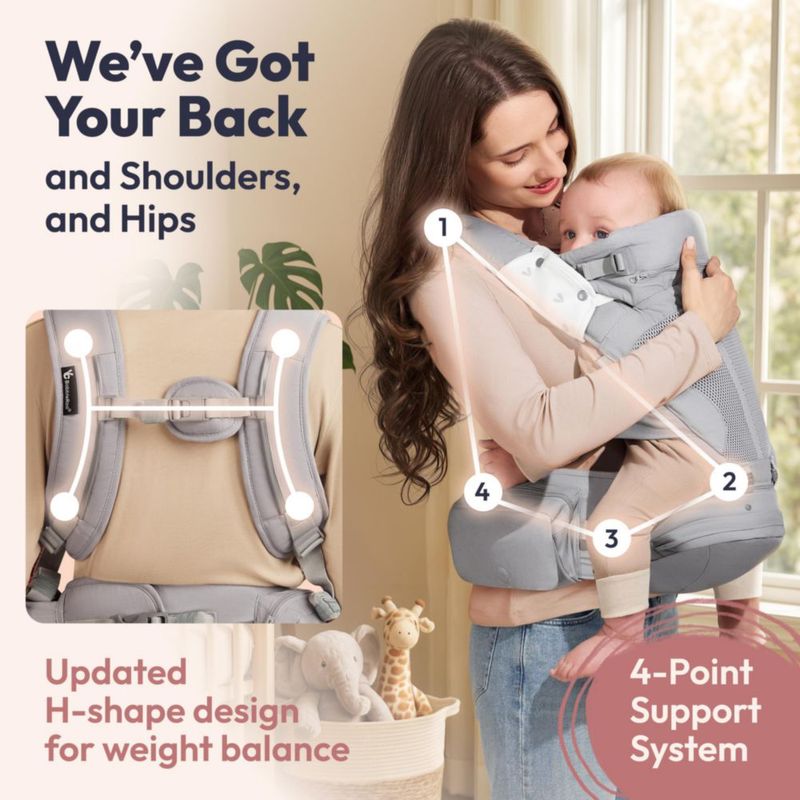 Portabebés BabbleRoo 7‑50 lb (3‑23 kg) con Asiento de Cadera y Almacenamiento