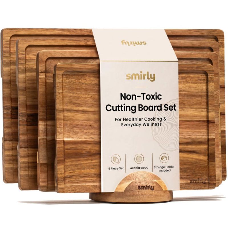 Juego de 4 Tablas de Cortar SMIRLY de Madera de Acacia con Soporte
