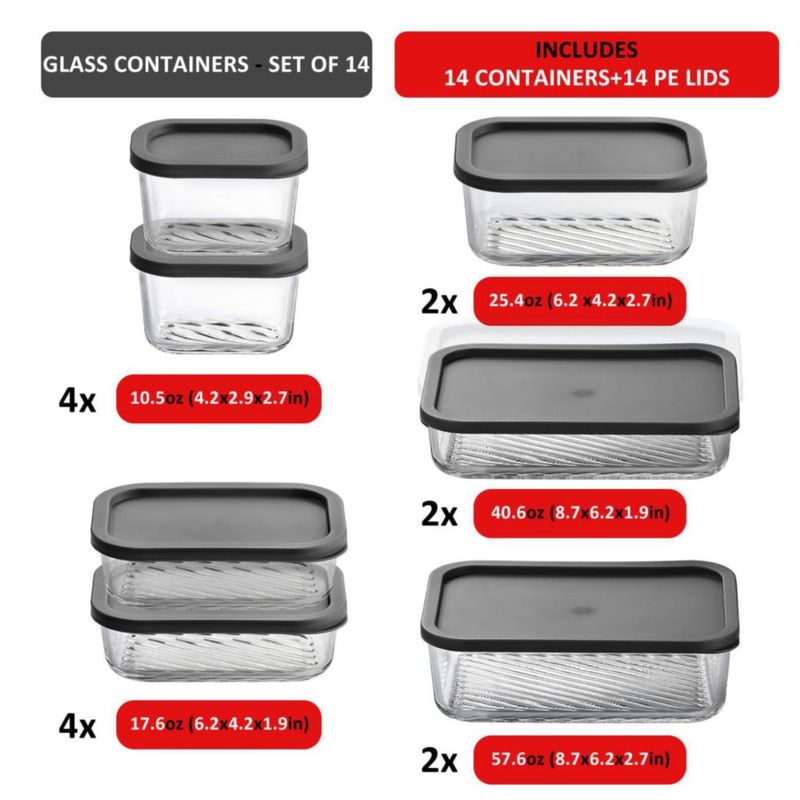 EATEX Juego de 14 Recipientes de Vidrio para Alimentos con Tapa Gris