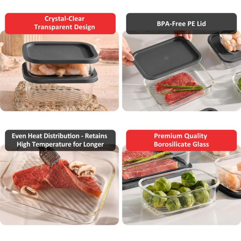 EATEX Juego de 14 Recipientes de Vidrio para Alimentos con Tapa Gris