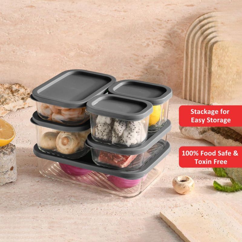 EATEX Juego de 14 Recipientes de Vidrio para Alimentos con Tapa Gris