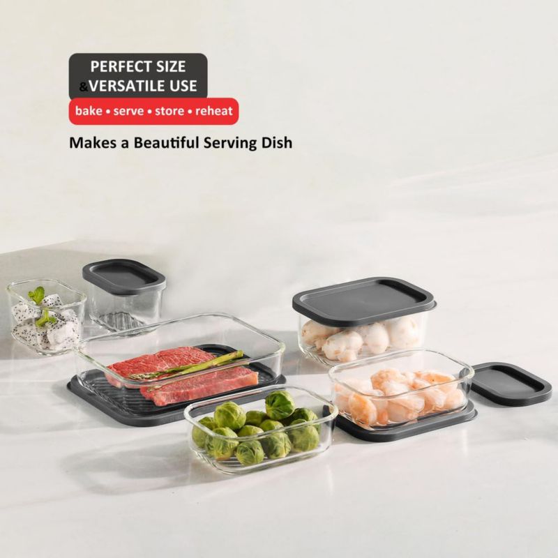 EATEX Juego de 14 Recipientes de Vidrio para Alimentos con Tapa Gris