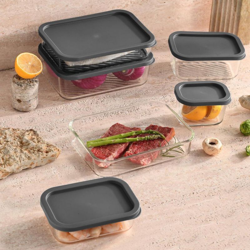 EATEX Juego de 14 Recipientes de Vidrio para Alimentos con Tapa Gris