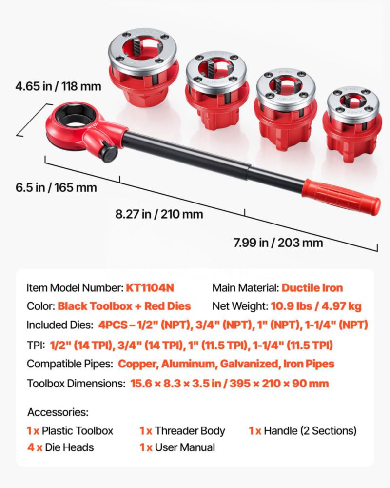 Enhebrador de tuberías VEVOR 1/2" 3/4" 1" 1-1/4" NPT - Kit