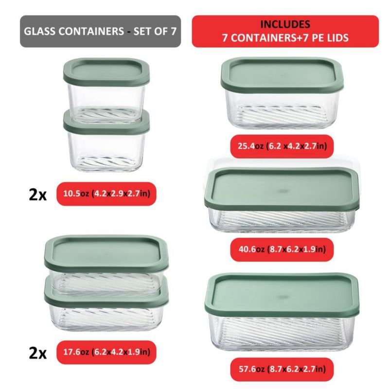 EATEX juego de 7 recipientes de vidrio color salvia para almacenamiento de alimentos