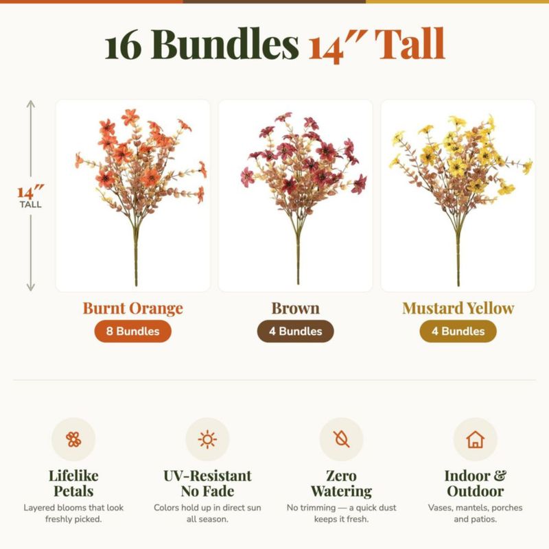 Flores artificiales AXYLEX Crisantemos de otoño Marrón Naranja y Amarillo – 16 unidades