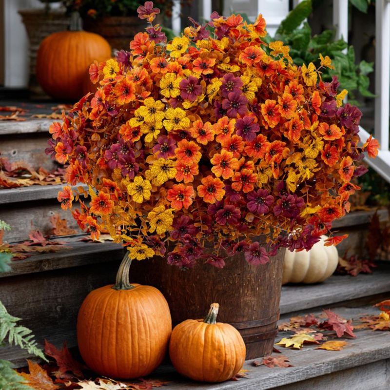 Flores artificiales AXYLEX Crisantemos de otoño Marrón Naranja y Amarillo – 16 unidades