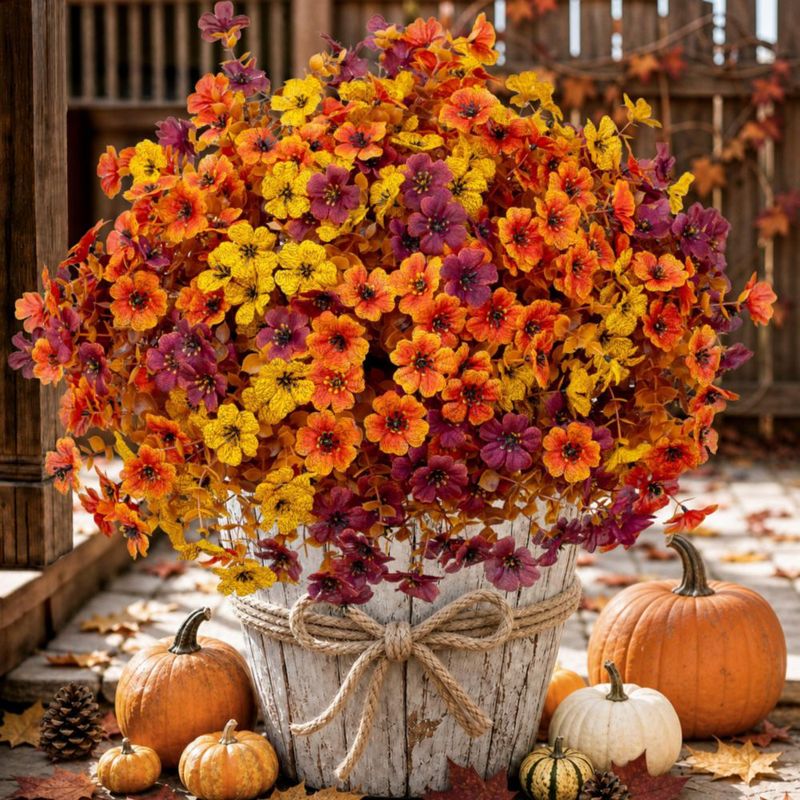 Flores artificiales AXYLEX Crisantemos de otoño Marrón Naranja y Amarillo – 16 unidades
