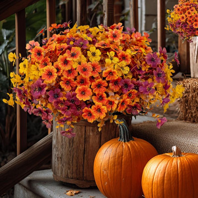 Flores artificiales AXYLEX Crisantemos de otoño Marrón Naranja y Amarillo – 16 unidades