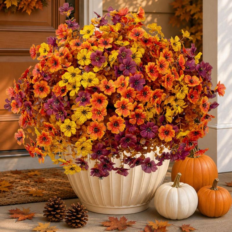 Flores artificiales AXYLEX Crisantemos de otoño Marrón Naranja y Amarillo – 16 unidades