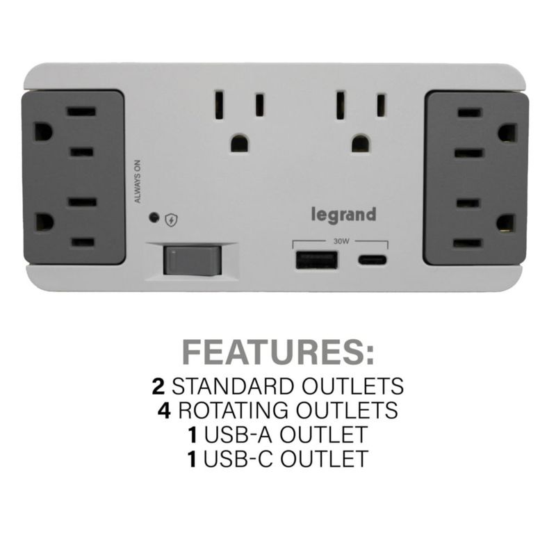 Regleta On-Q de 6 tomas con puertos USB-A/C 30W y protector contra sobretensiones