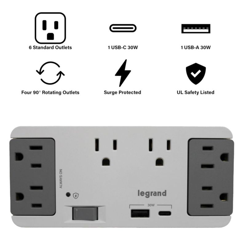 Regleta On-Q de 6 tomas con puertos USB-A/C 30W y protector contra sobretensiones