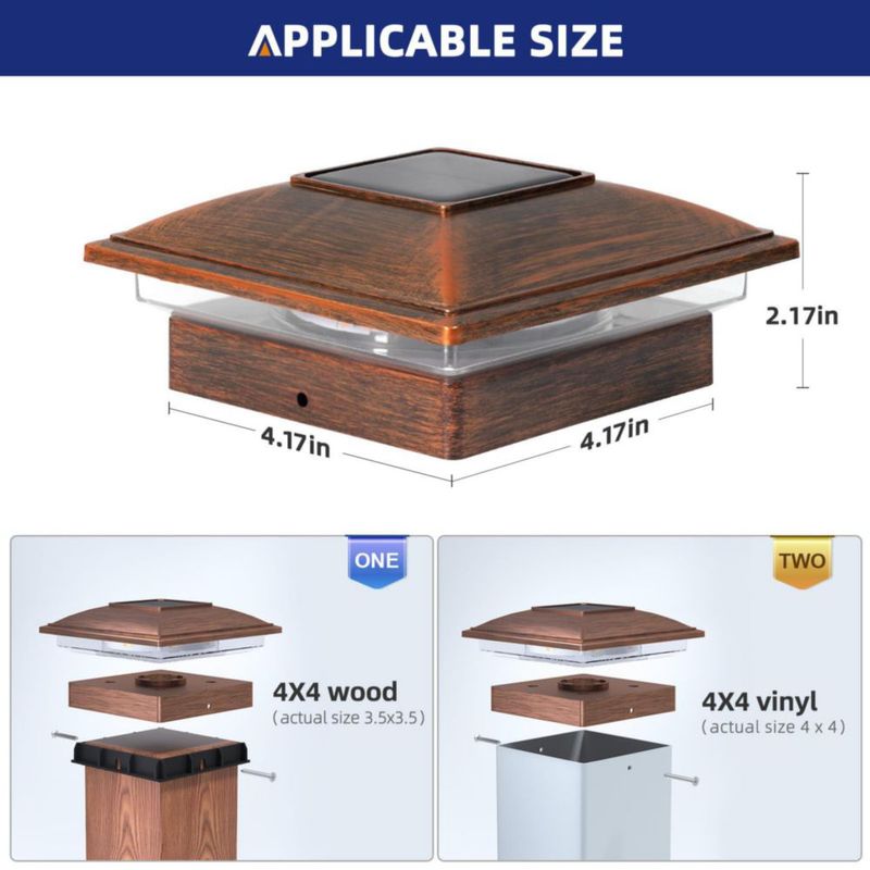 Luces para Tapa de Poste Solar APONUO – Pack de 8 Acabado Cobre Cepillado Impermeable