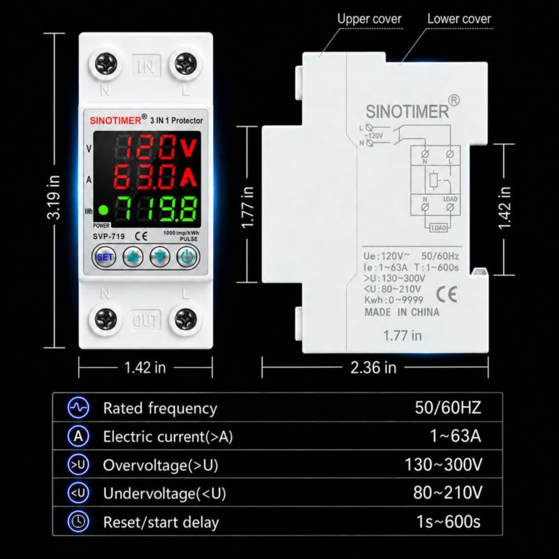 Protector contra Sobretensiones SINOTIMER 110V/120V 63A para Carril DIN
