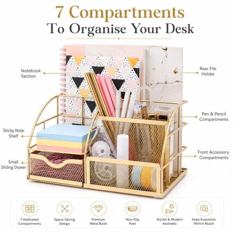 Organizador de Escritorio Exerz 22x15x13 cm Malla Metálica Dorado