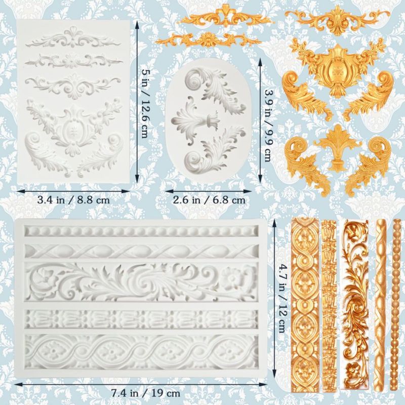 Molde de fondant Grosun 3 unidades estilo barroco de silicona con motivo de pergamino