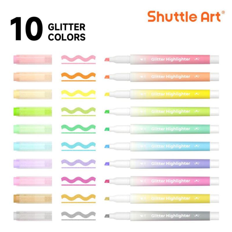 Resaltadores con Brillo Shuttle Art 10 colores punta de cincel de secado rápido