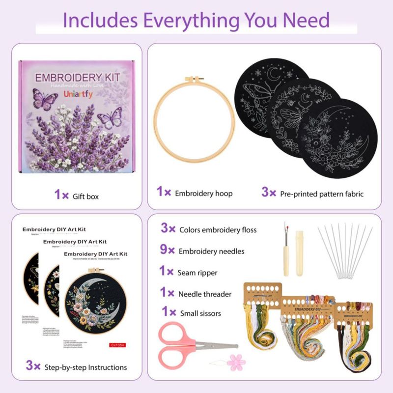 Kit de bordado Uniartfy 3 juegos para principiantes – Mariposa Abeja y Luna