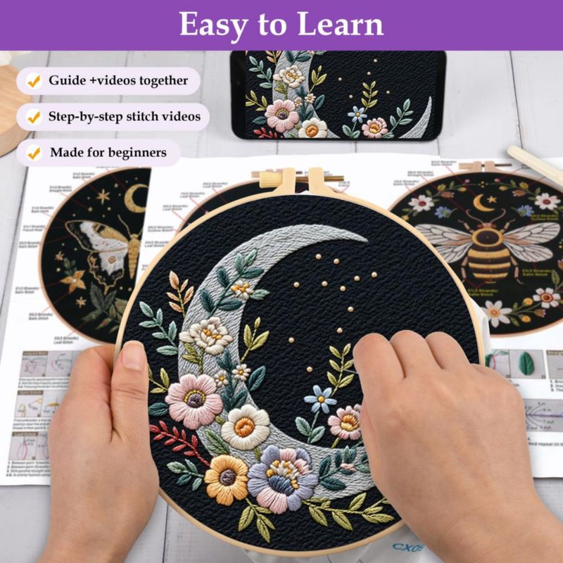 Kit de bordado Uniartfy 3 juegos para principiantes – Mariposa Abeja y Luna