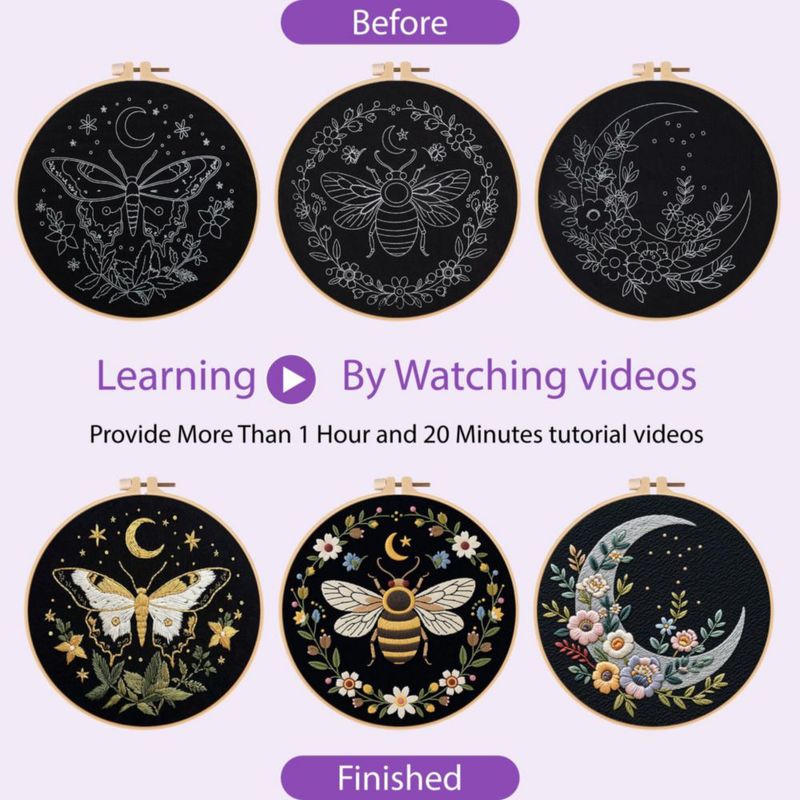 Kit de bordado Uniartfy 3 juegos para principiantes – Mariposa Abeja y Luna