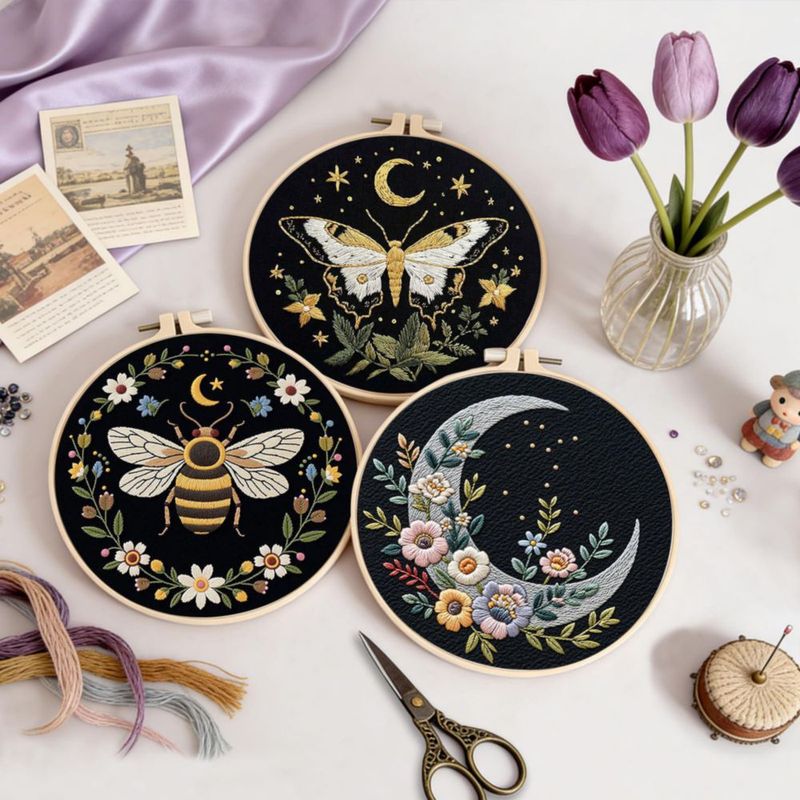 Kit de bordado Uniartfy 3 juegos para principiantes – Mariposa Abeja y Luna