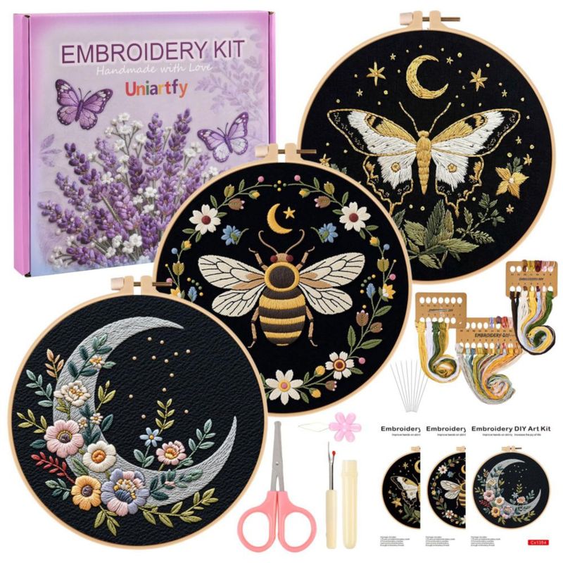 Kit de bordado Uniartfy 3 juegos para principiantes – Mariposa Abeja y Luna