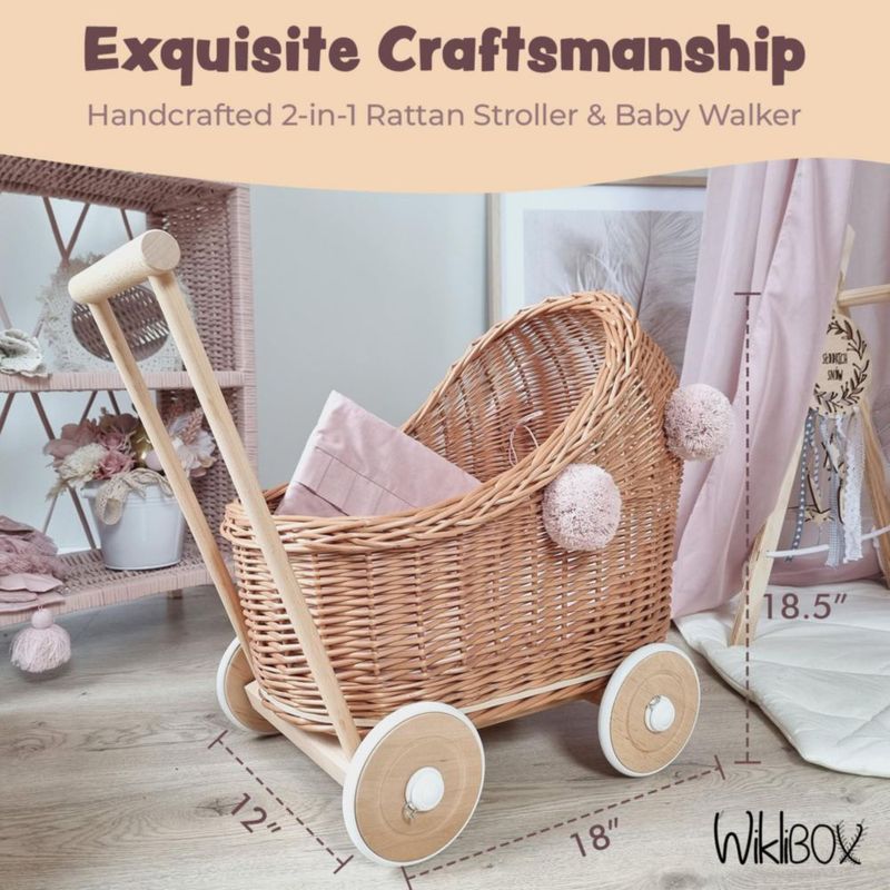 Cochecito de Muñecas Wiklibox Ratán 43 cm Natural Rosa