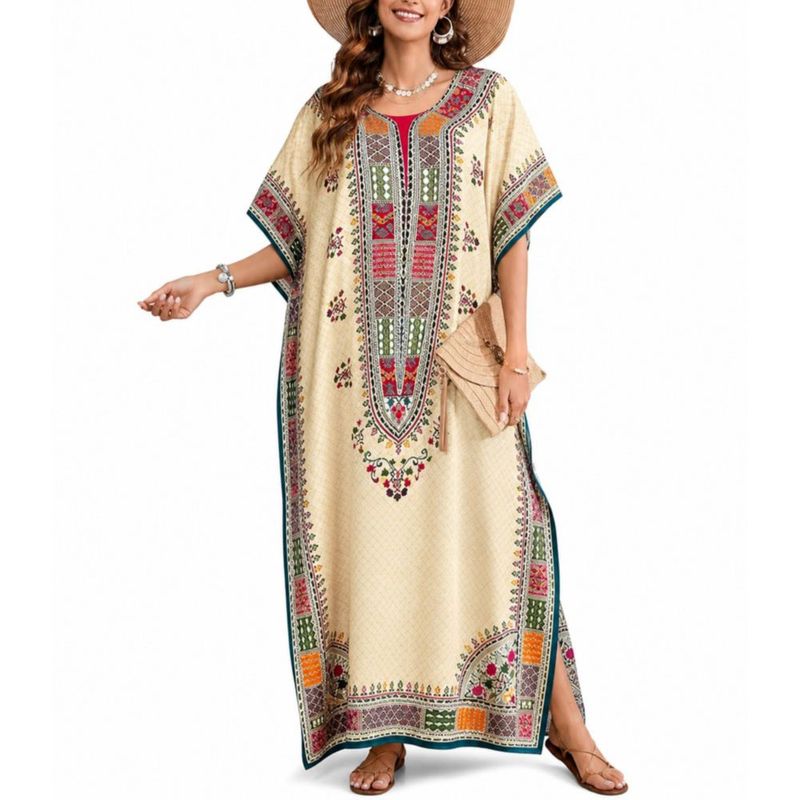 Vestido Caftán Boho-Chic Beige Talla Única Plus Goood Times