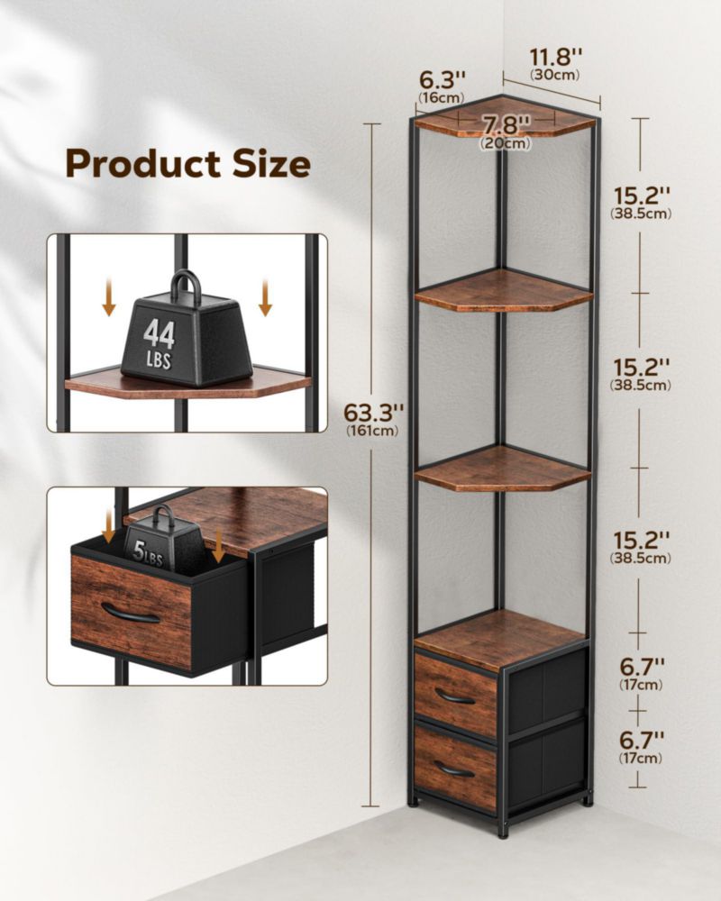 Estantería de Esquina Housolution 6 Niveles con Cajón de Tela Marrón
