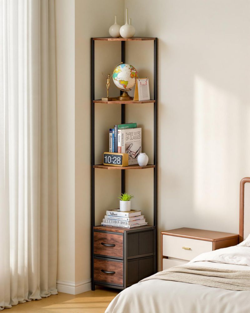 Estantería de Esquina Housolution 6 Niveles con Cajón de Tela Marrón
