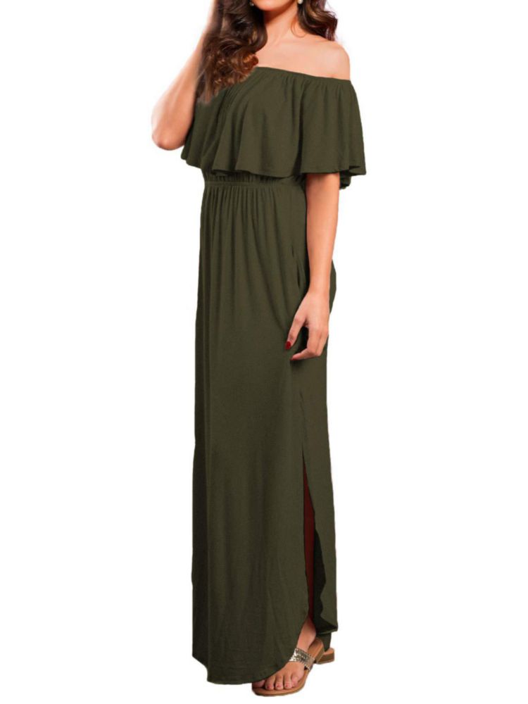 Vestido VERABENDI Maxi sin Hombros con Bolsillos y Volantes