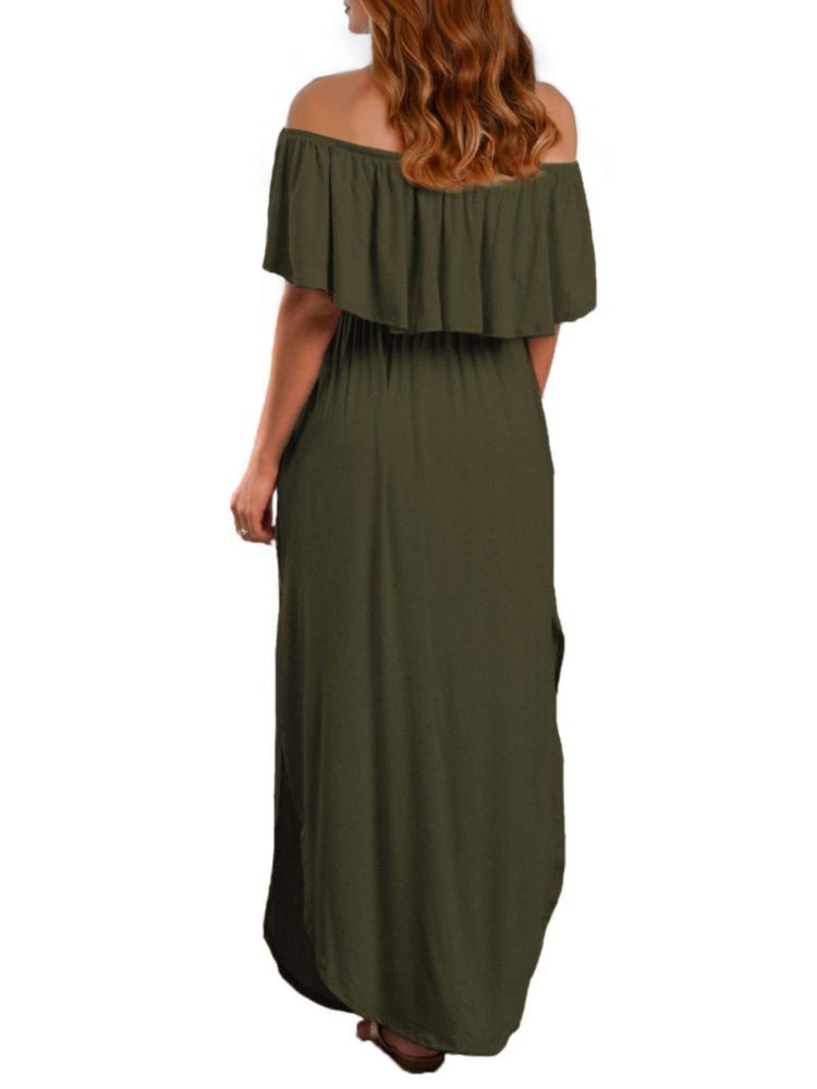 Vestido VERABENDI Maxi sin Hombros con Bolsillos y Volantes