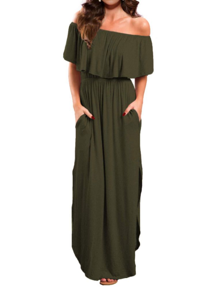 Vestido VERABENDI Maxi sin Hombros con Bolsillos y Volantes