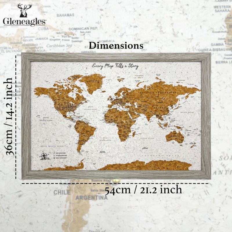 Tablón de corcho gris Cello 54 × 36 cm – Mapa del mundo con 70 chinchetas